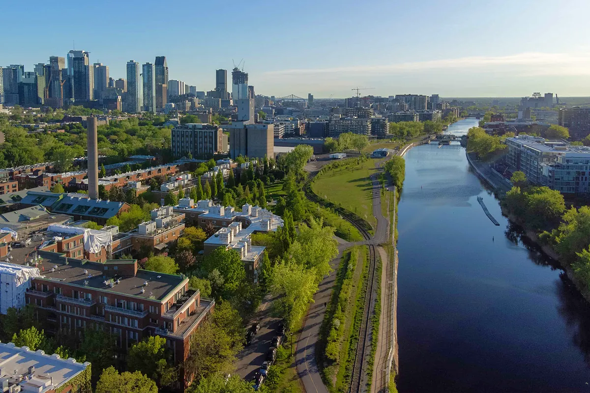 The Lachine Canal running past Griffintown toward the downtown skyline