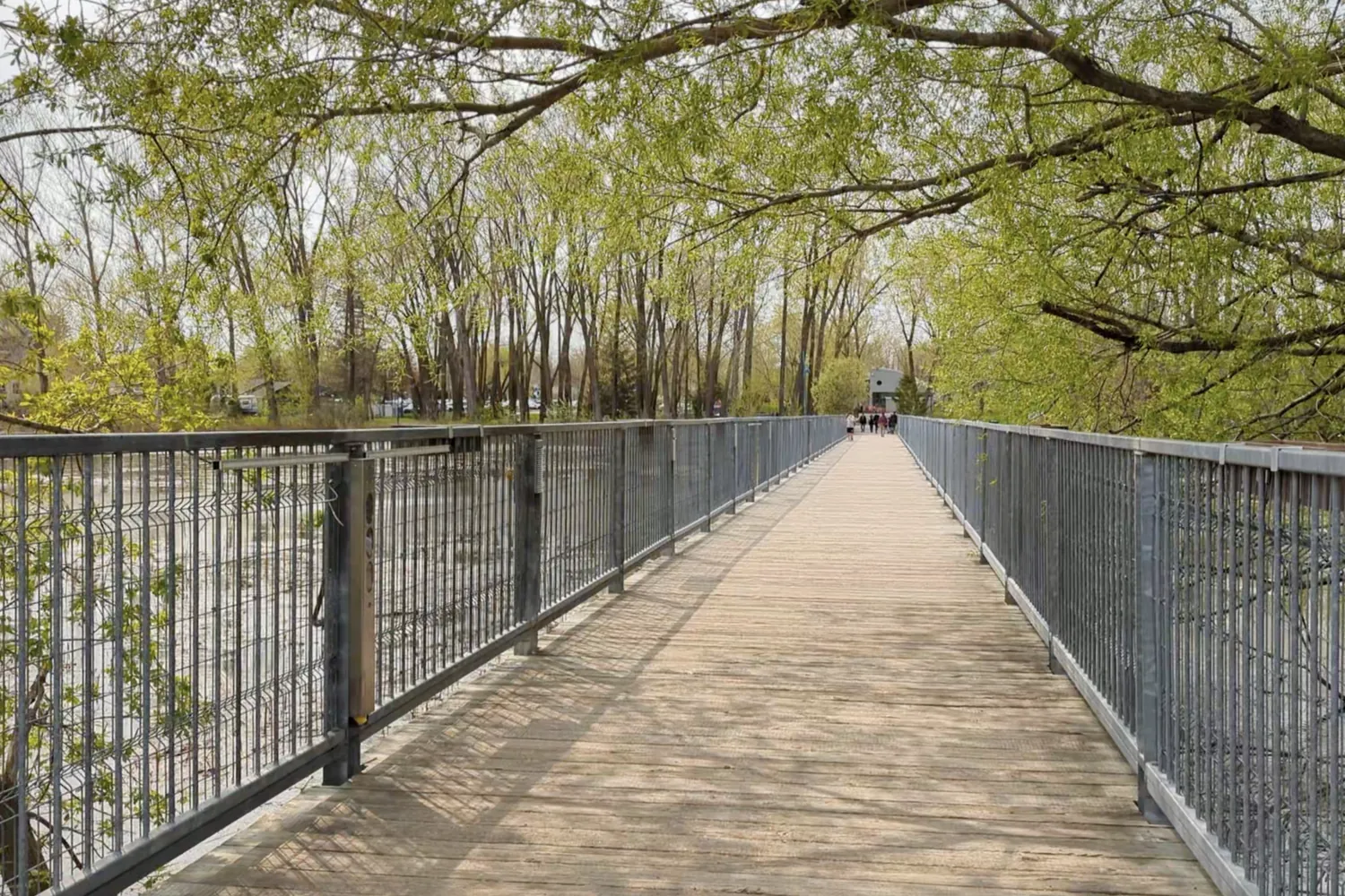 The wooden footbridge under the trees on the way out to Île Lebel in Repentigny