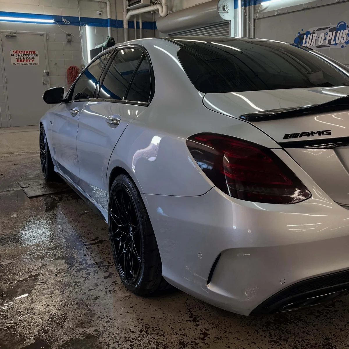 Mercedes-AMG after a wash, still wet, at the Van Horne shop